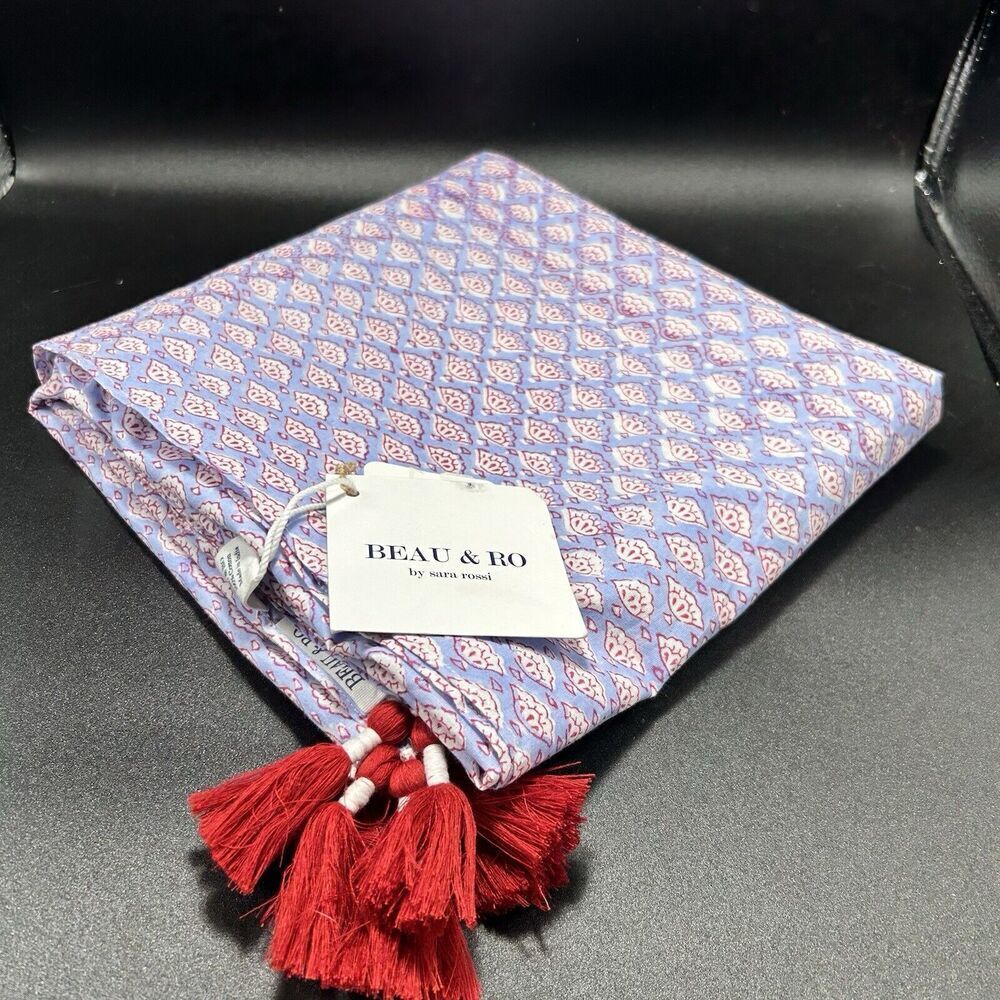New Beau & Ro Sara Rossi Table Runner Blue Red Tassels 100% Cotton 42" W 77" L